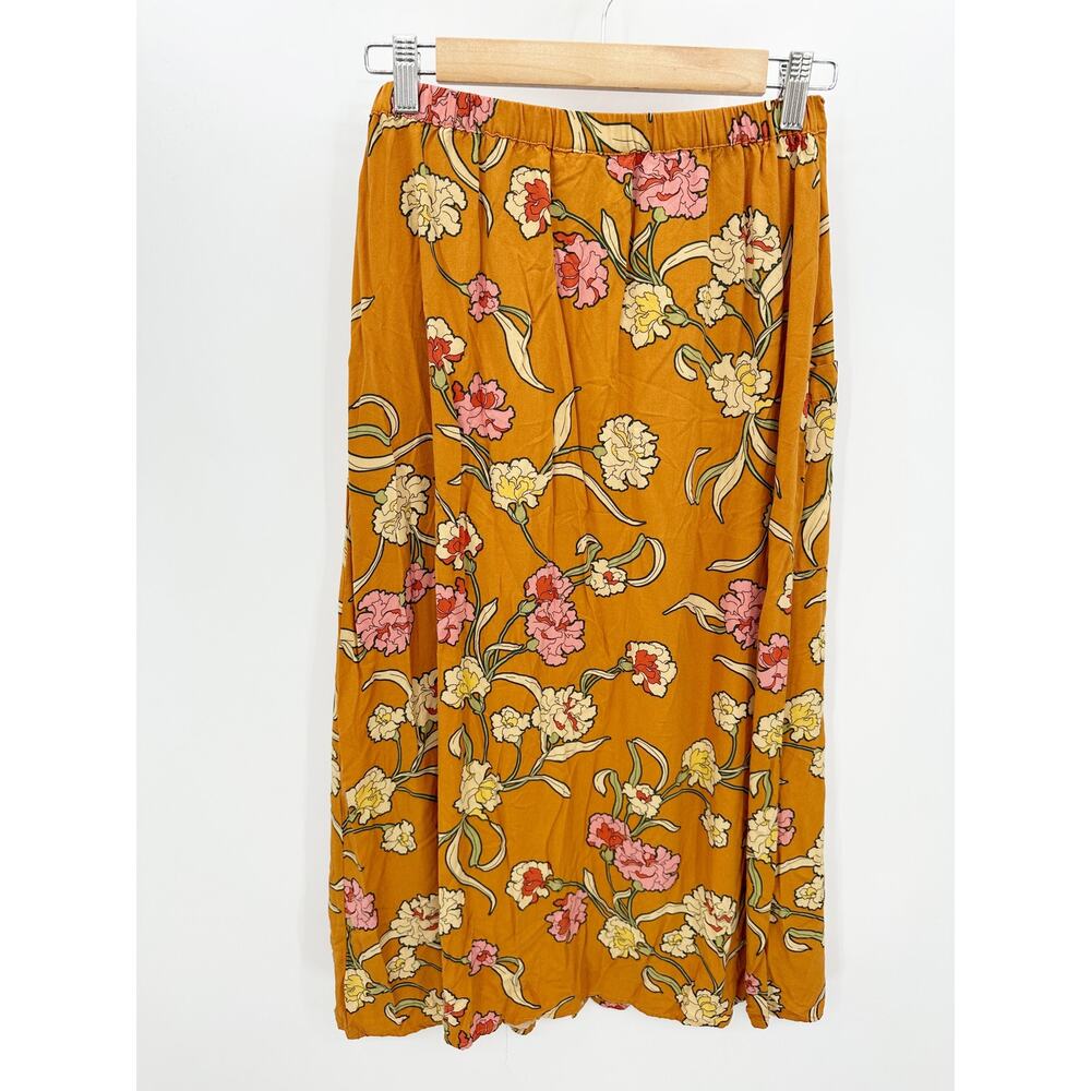 DR2 Womens Small Mustard Yellow Floral Button Front Midi Skirt Boho Rayon Summer